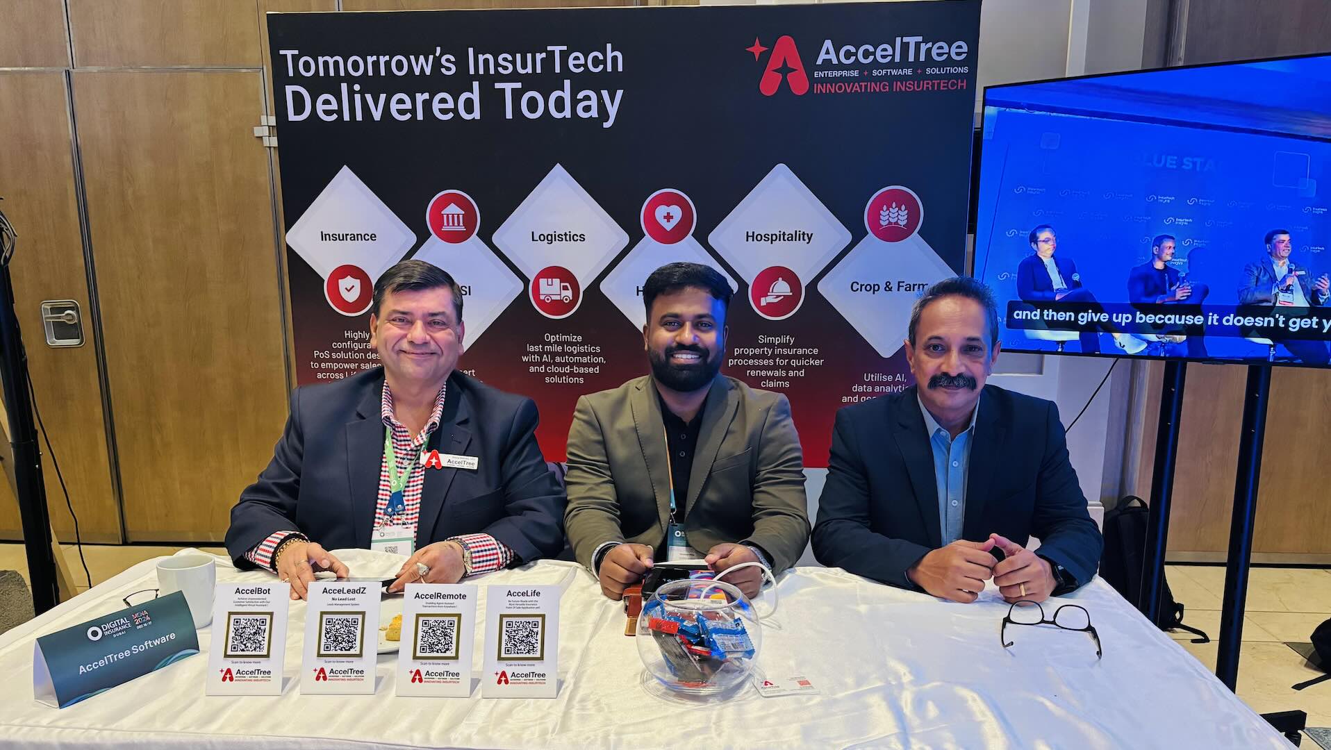 From left to right: Neeraj, Sandeep and Edwin at AccelTree’s booth at Digital Insurance MENA 2024.